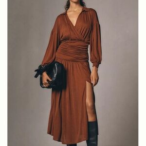 Anthropology Maeve Long-Sleeve V-Neck Ruched Midi Dress